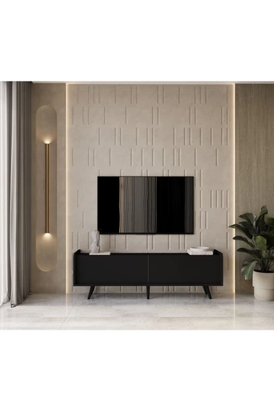 Enwood RİGEL COUNTRY SİYAH MDF 2 KAPAKLI (DÜŞME KAPAK) AHŞAP AYAKLI 140 CM TV ÜNİTESİ - 3