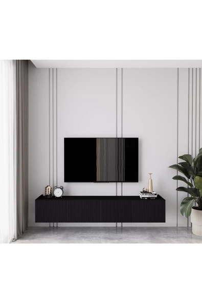 Enwood Capella Siyah Country Mdf 4 Kapaklı Duvara Monte 160 Cm Tv Ünitesi