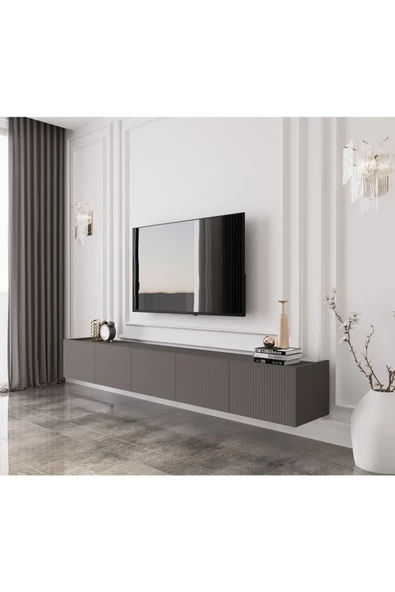Enwood Capella Gri Mdf Country 5 Kapaklı DUVARA MONTE 200 Cm Tv Ünitesi - 2