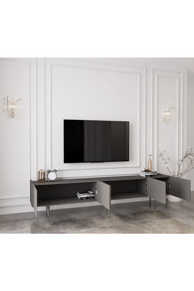Enwood Capella Gri Mdf Country 5 Kapaklı Ahşap Ayaklı 200 Cm Tv Ünitesi - 3