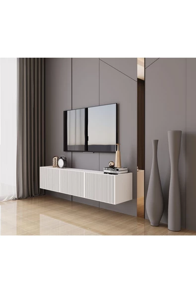 Enwood Capella Beyaz Country Mdf 3 Kapaklı Duvara Monte 140 Cm Tv Ünitesi - 2