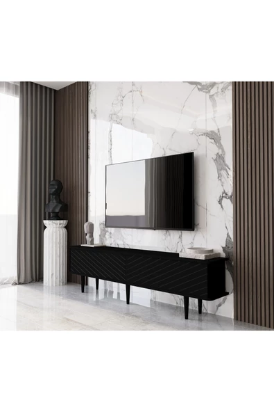 Enwood Pollux Country Mdf Siyah 2 Kapaklı Ahşap Ayaklı 160 Cm Tv Ünitesi