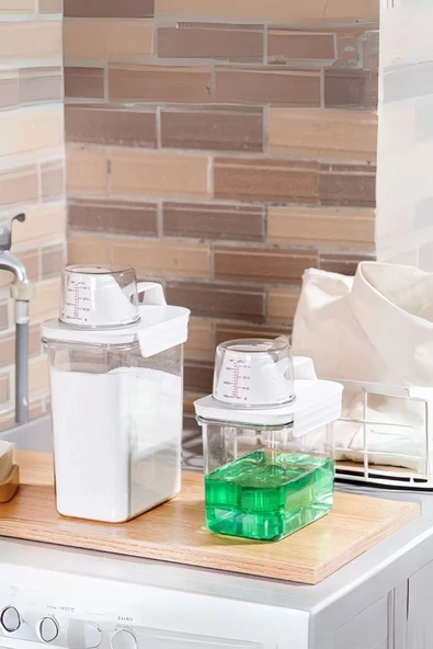 GRİMOR Life 2 Li Sızdırmaz Depolama Sıvı Toz Deterjan Erzak Saklama Kutusu- Ölçekli Kap 1100 ML 1800 ML - 5