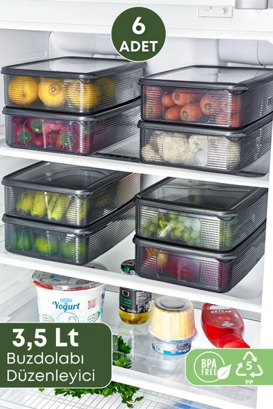 GRİMOR Life 6 Adet Buzdolabı Düzenleyici Saklama Kabı Seti 3,5 Lt Füme-dipfrize Girebilen Saklama Kabı