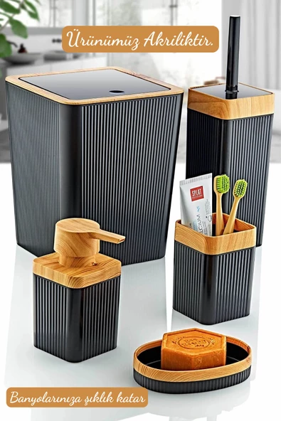 GRİMOR Life 5'li Siyah Ahşap Desenli Çizgili Lüx Banyo Seti 3 Adet Duş Lifi Hediye - 3