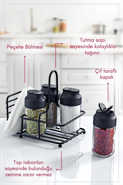 GRİMOR Life Perla Metal Standlı Peçetelikli 4'lü Çift Kapaklı Cam Baharatlık Seti - Tuzluk Biberlik Peçetelik - 2