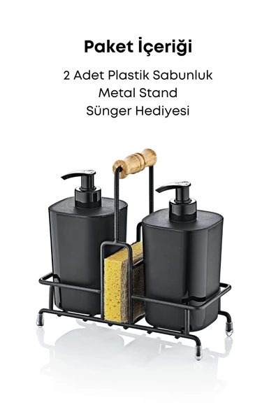 GRİMOR Life Metal Standlı Siyah Begonya Çamaşır Suyu ve Sıvı Sabunluk Banyo Seti-Sünger Hediyeli - 3