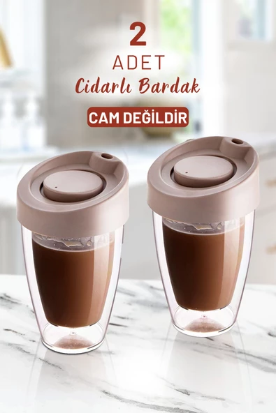 GRİMOR Life 2 Adet Çift Cidarlı Kapaklı El Yakmaz Akrilik Bardak Seti 200 Ml- Cam Değildir