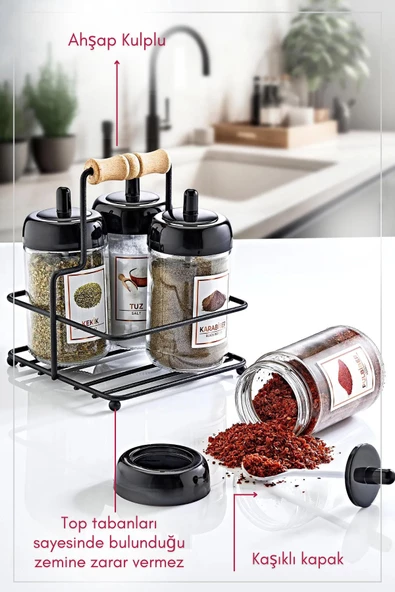 GRİMOR Life Metal Standlı 4'lü Kaşıklı Cam Baharatlık Seti 300 cc- Flora Baharatlık Seti- Etiket Hediyeli - 2