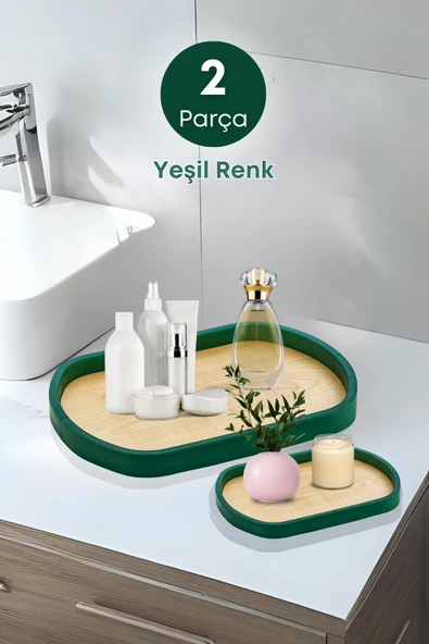 GRİMOR Life 2 Li Ahşap Kayın Oval Dekoratif Sunum Tepsisi- Banyo Tepsisi, Dekoratif Sehpa Tepsisi- Yeşil