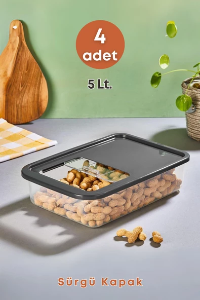 GRİMOR Life 4'lü Sürgülü Kayar Kapaklı Erzak Bakliyat Saklama Kabı- Çok Amaçlı Buzdolabı Düzenleyici 5 Lt.