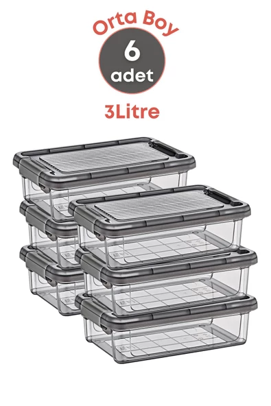 GRİMOR Life 6 Adet Kilitli Saklama Kutusu Dolap İçi Düzenleyici Organizer Saklama Kabı 3 Lt Gri - 6
