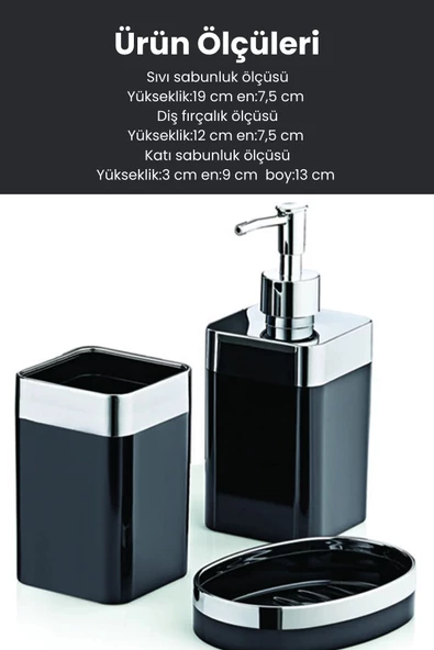 GRİMOR Life Metal Standlı Krom Detaylı Banyo Seti Siyah- Sıvı Sabunluk Katı Sabunluk Diş Fırçalık - 6