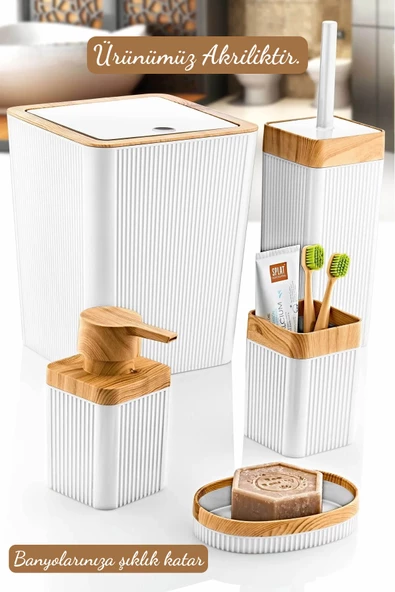 GRİMOR Life 5'li Beyaz Ahşap Desenli Çizgili Lüx Banyo Seti 3 Adet Duş Lifi Hediye - 3
