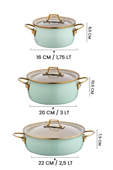 Vintage Emaye Güveç 6 Parça Tencere Seti Su Yeşili - 3