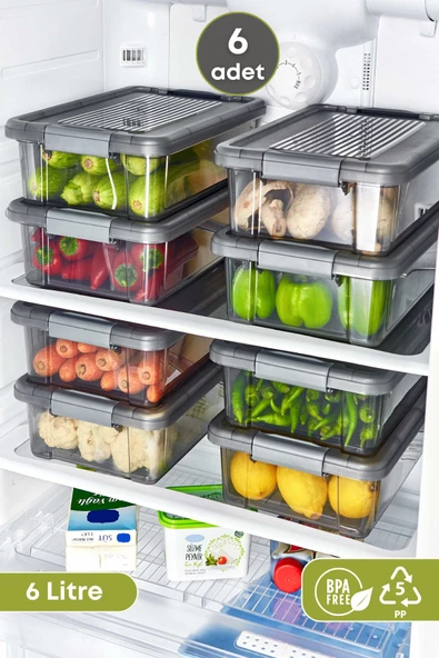 GRİMOR Life 6 Adet Kilitli Jumbo Boy Erzak Saklama Kabı Buzdolabı Düzenleyici 6 Lt.-dipfriz