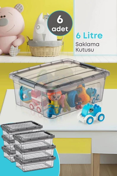 GRİMOR Life 6 Adet Kilitli Saklama Kutusu Dolap İçi Düzenleyici Organizer Saklama Kabı 6 Lt Gri