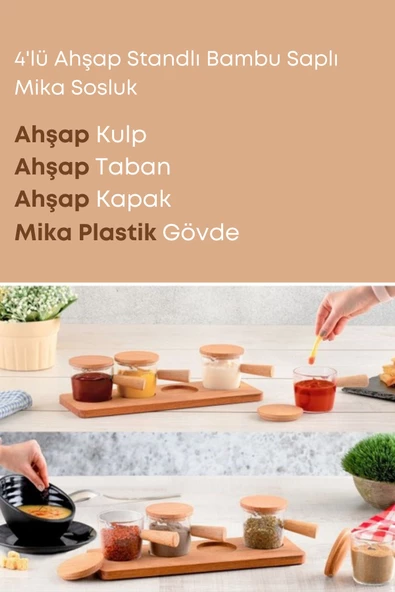 GRİMOR Life 4'lü Ahşap Standlı Bambu Saplı Mika Sosluk Reçellik Çerezlik Ikramlık Sunumluk-cam Değildir - 3