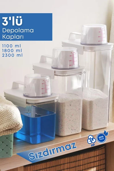 GRİMOR Life 3 Lü Sızdırmaz Depolama Sıvı Toz Deterjan Saklama Kutusu- Banyo Organizeri 1100 ml 1800 ml 2300 ml