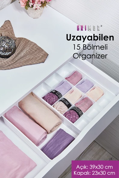 GRİMOR Life Uzayabilen Ayarlanabilen 15 Bölmeli Dolap İçi Düzenleyici Organizer Beyaz Renk