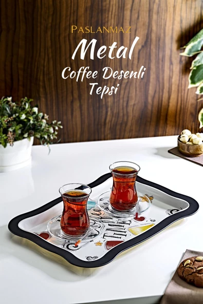 GRİMOR Life Coffee Desenli Metal Sunum Tepsisi- Çay Kahve Tepsisi