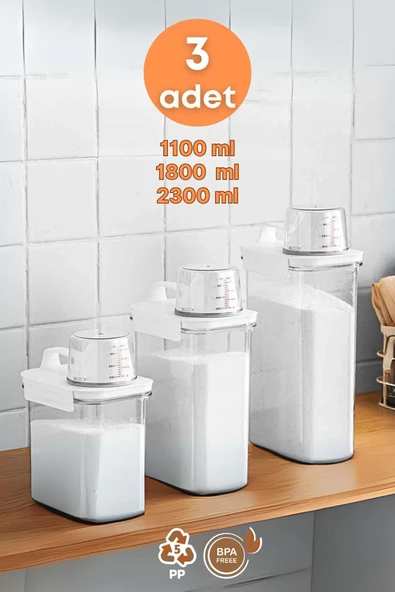 GRİMOR Life 3 Lü Sızdırmaz Depolama Sıvı Toz Deterjan Saklama Kutusu- Ölçekli Kap 1100 ML 1800 ML 2300 ML