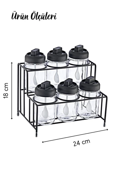 GRİMOR Life Metal Standlı 6'lı Kilitlenebilir Kapaklı Kaşıklı Cam Baharatlık Seti 300 ml Etiket Hediyeli - 3
