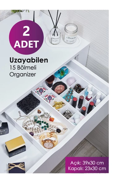 GRİMOR Life 2 Adet Uzayabilen 15 Bölmeli Çekmece Içi Düzenleyici Kravat Çorap Takı Organizeri Beyaz -2'li - 2