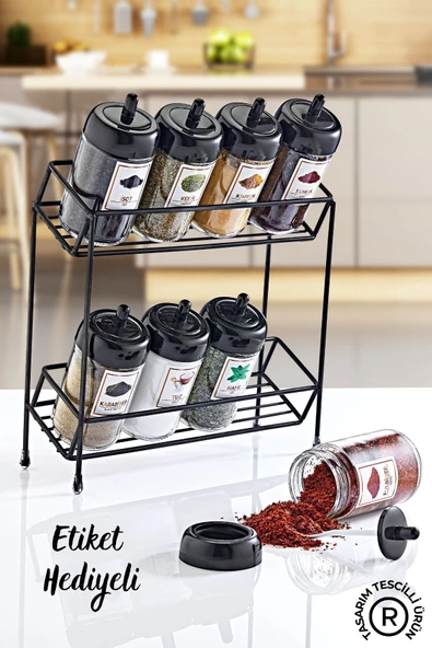 GRİMOR Life Metal Standlı Scarlet 8'li Kendinden Kaşıklı Cam Baharatlık Seti 300 ml Etiket Hediyeli