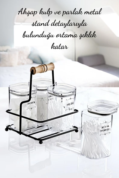 GRİMOR Life 4 Lü Akrilik Kulak Pamuğu Pamuk & Makyaj Pamuğu& Diş İpi Metal Standlı Pamukluk- Etiket Hediyeli - 2