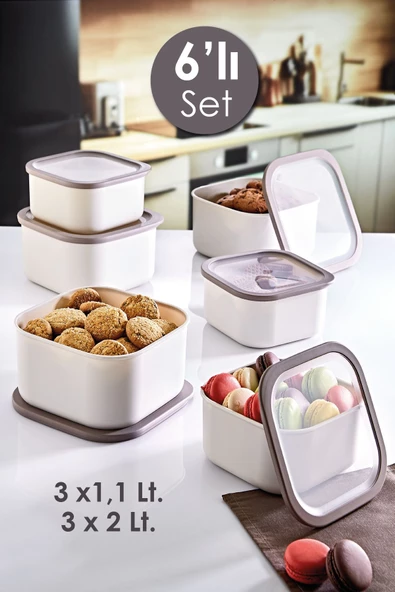 GRİMOR Life Sızdırmaz Kapak 6'lı Erzak Saklama Kabı 3x1,1 Lt. 3x2 Lt. Bej-derin Dondurucu Ve Mikrodalga