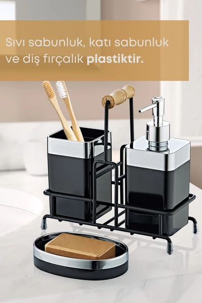 GRİMOR Life Metal Standlı Krom Detaylı Banyo Seti Siyah- Sıvı Sabunluk Katı Sabunluk Diş Fırçalık - 2