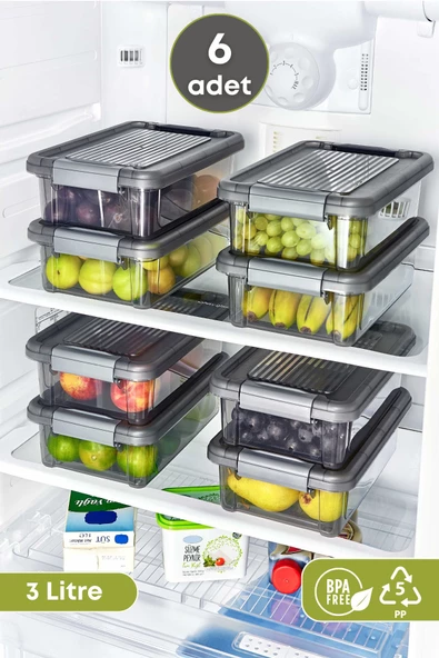 GRİMOR Life 6 Adet Kilitli Erzak Saklama Kabı Buzdolabı Düzenleyici 3 Lt.-dipfriz