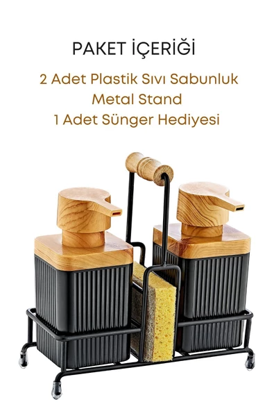 GRİMOR Life Mimoza Metal Standlı Ahşap Detaylı Bulaşık Deterjanı Ve Sıvı Sabunluk Mutfak Seti-sünger Hediyeli - 4