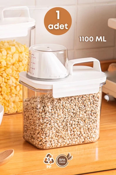 GRİMOR Life 1 Adet Sızdırmaz Depolama Erzak Bakliyat Saklama Kabı- Ölçekli Kapak 1100 ml