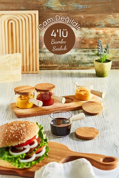 GRİMOR Life 4'lü Ahşap Standlı Bambu Saplı Mika Sosluk Reçellik Çerezlik Ikramlık Sunumluk-cam Değildir - 6
