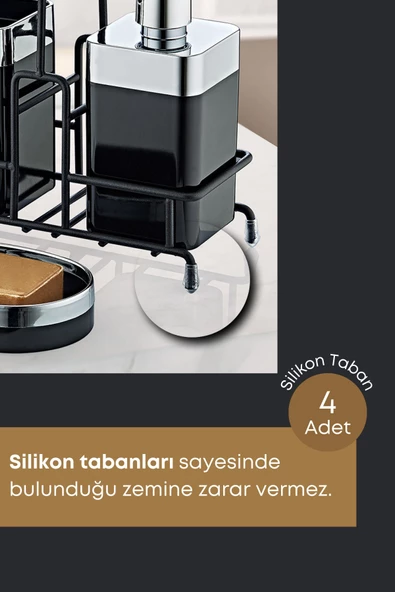GRİMOR Life Metal Standlı Krom Detaylı Banyo Seti Siyah- Sıvı Sabunluk Katı Sabunluk Diş Fırçalık - 3