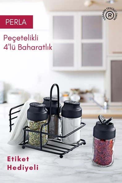 GRİMOR Life Perla Metal Standlı Peçetelik Hazneli 4'lü Çift Kapaklı Cam Baharatlık Seti - Baharat Takımı