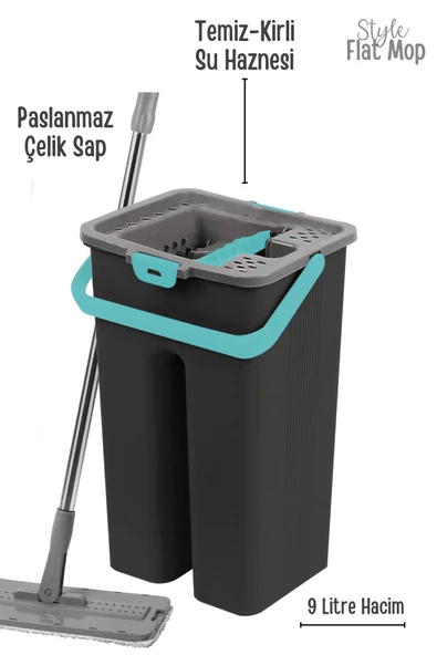 GRİMOR Life Style Flat Mop Temizlik Kova Paspas Seti Siyah Renk 9 Litre+ 2 Adet Yedek Mop Bezi - 3