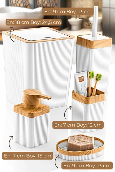 GRİMOR Life 5'li Beyaz Ahşap Desenli Çizgili Lüx Banyo Seti 3 Adet Duş Lifi Hediye - 2