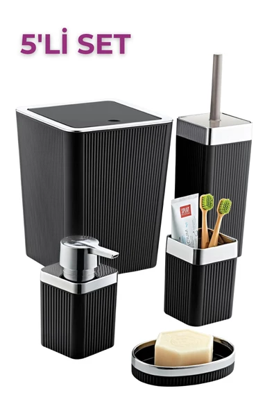 GRİMOR Life 5 Parça Akrilik Çizgili Metalize Kaplamalı Lüx Banyo Seti Siyah 3 Adet Duş Lifi Hediye - 3