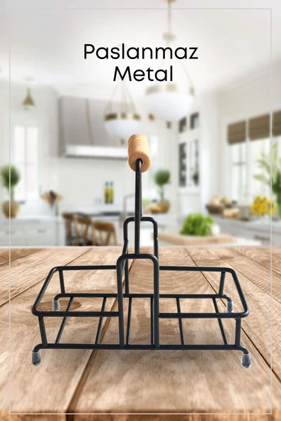 GRİMOR Life Metal Standlı Siyah Ahşap Detaylı Çamaşır Suyu ve Sıvı Sabunluk Banyo Seti-Sünger Hediyeli - 4