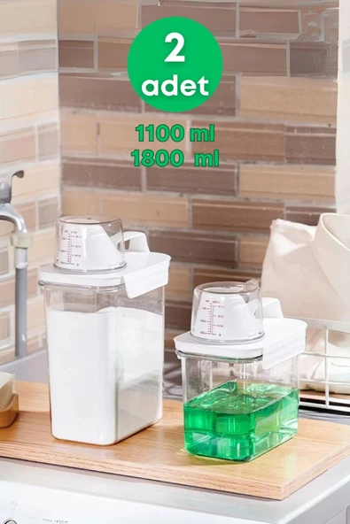 GRİMOR Life 2 Li Sızdırmaz Depolama Sıvı Toz Deterjan Erzak Saklama Kutusu- Ölçekli Kap 1100 ML 1800 ML