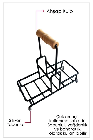 GRİMOR Life 2 Bölmeli Çok Amaçlı Ahşap Kulplu Metal Stand Düzenleyici Organizer- Sıvı Sabunluk- Yağdanlık Standı - 3