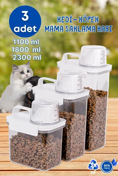 GRİMOR Life 3 Lü Sızdırmaz Depolama Kedi Köpek Mama Saklama Kabı- Ölçekli Erzak Depolama 1100 ml 1800 ml 2300 ml