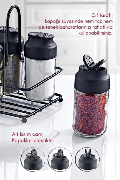 GRİMOR Life Metal Standlı 4'lü Çift Kapaklı Cam Baharatlık Seti - Lenora Tuzluk Biberlik Baharatlık Takımı - 2