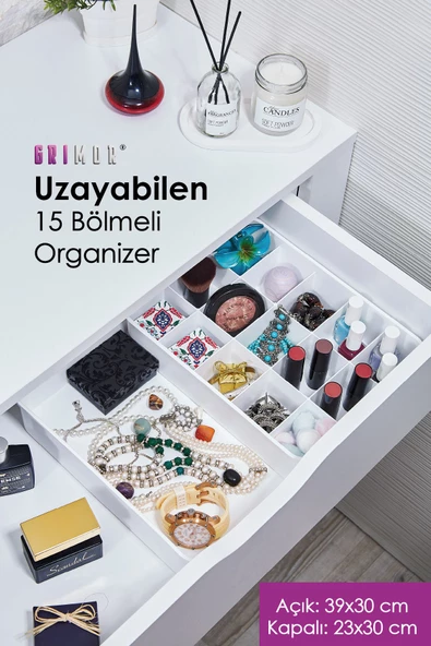 GRİMOR Life Uzayabilen Ayarlanabilen 15 Bölmeli Çekmece Içi Düzenleyici Organizer Beyaz Renk