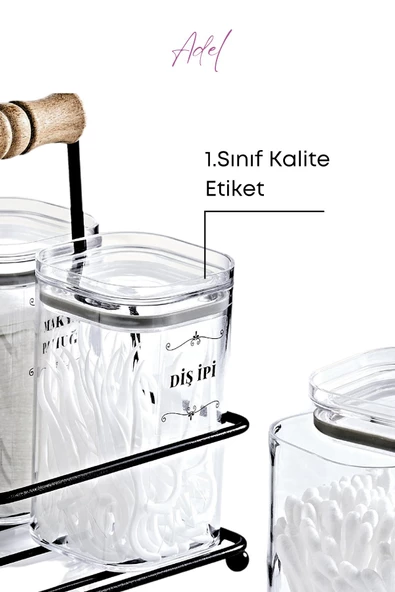 GRİMOR Life Metal Standlı 4 Lü Akrilik Kulak Pamuğu- Pamuk & Makyaj Pamuğu& Diş Ipi Organizeri- Etiket Hediyeli - 5