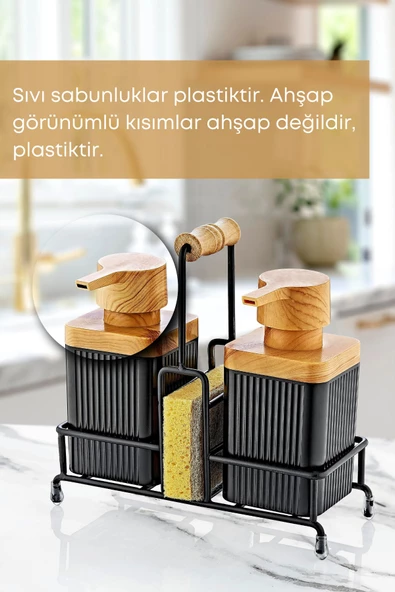 GRİMOR Life Metal Standlı Siyah Ahşap Detaylı Çamaşır Suyu ve Sıvı Sabunluk Banyo Seti-Sünger Hediyeli - 2