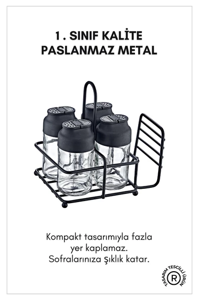 GRİMOR Life Perla Metal Standlı Peçetelik Hazneli 4'lü Çift Kapaklı Cam Baharatlık Seti - Baharat Takımı - 4